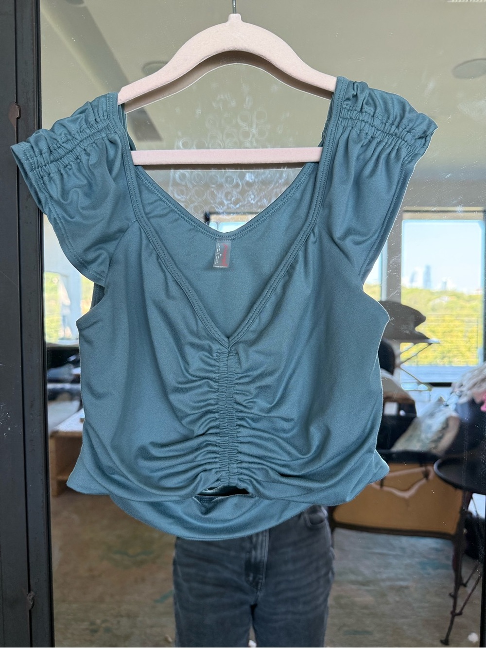 FP Movement by Free People Teal Ruched V-Neck Crop Top
